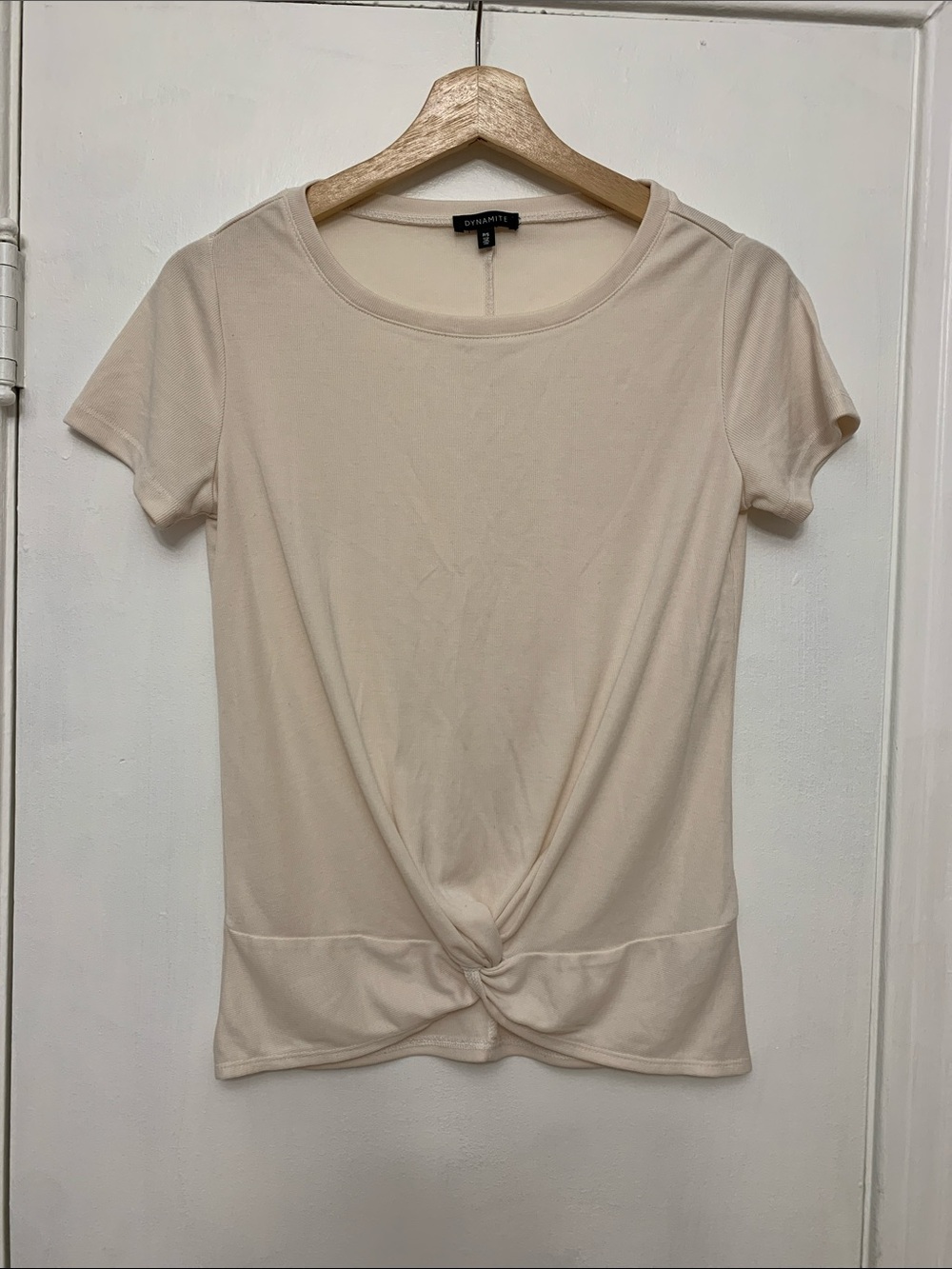 Dynamite Cream Front Knot Ribbed Top